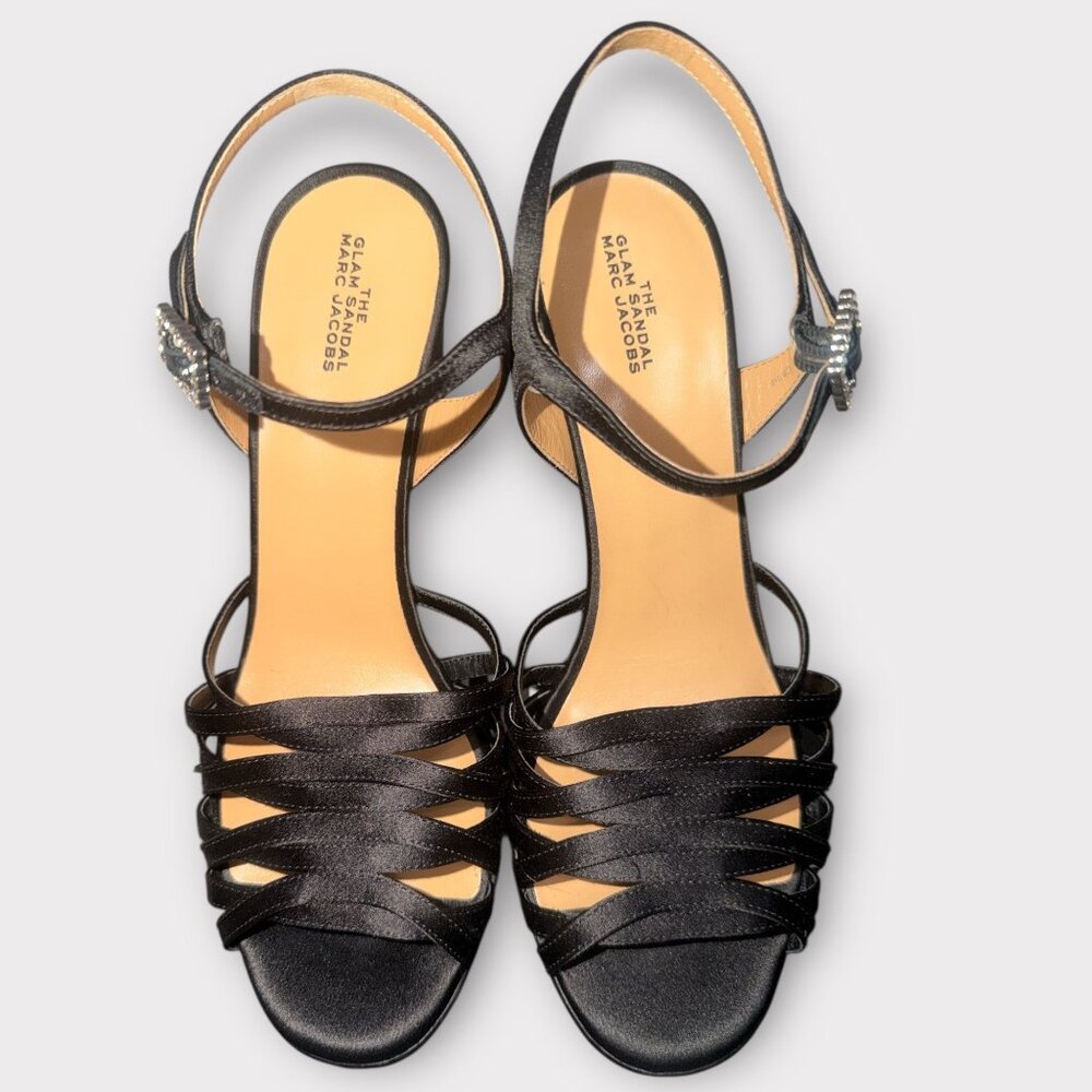 Marc Jacobs The Gram Sandal Women 8.5 Black Satin Formal Heel Platform Prom Open - Picture 3 of 12